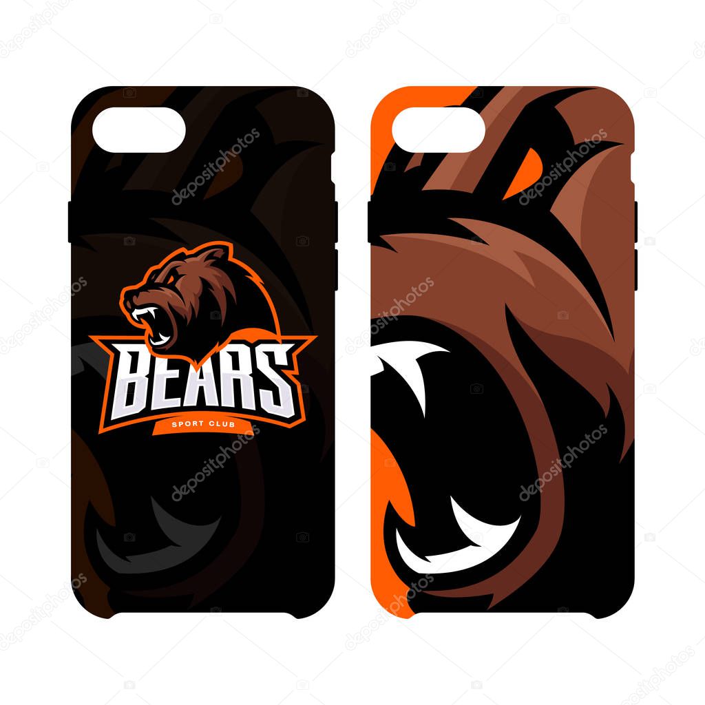 Furious bear sport vector logo concept smart phone case isolated on white background. Modern predator professional team badge design.Premium quality wild animal artwork cell phone cover illustration.