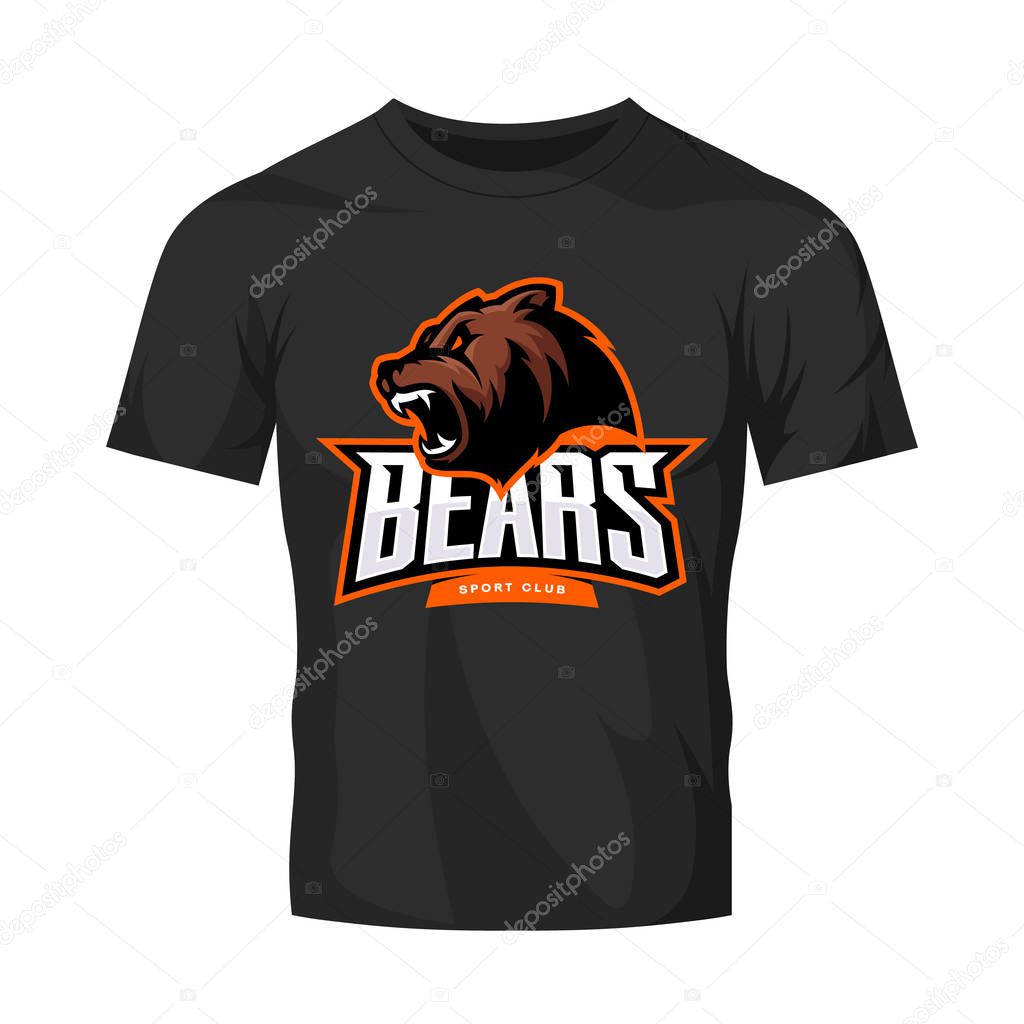 Furious bear sport vector logo concept isolated on black t-shirt mockup. Modern predator professional team badge design.Premium quality wild animal t-shirt tee print illustration.