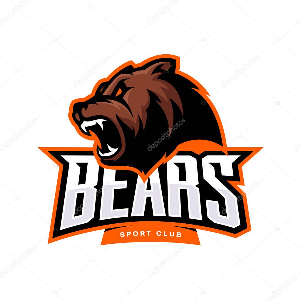 Furious bear sport vector logo concept isolated on white background. Modern predator professional team badge design.Premium quality wild animal t-shirt tee print illustration.