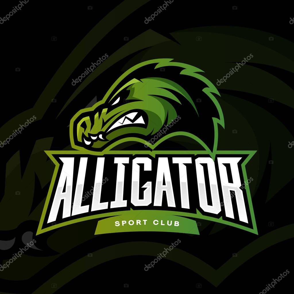 Furious alligator sport vector logo concept isolated on dark background. Professional team predator badge modern design.Premium quality wild animal t-shirt tee print illustration.