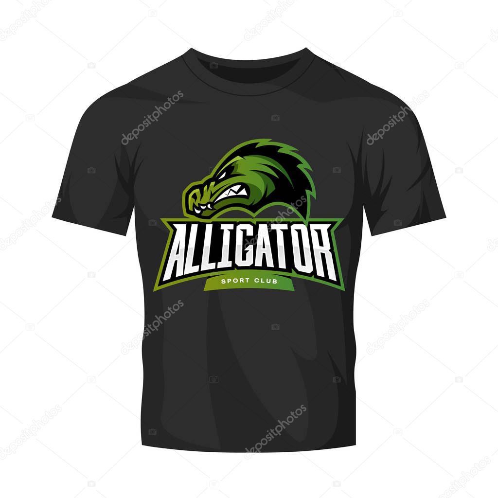 Furious alligator sport vector logo concept isolated on black t-shirt mockup. Modern predator professional team badge design.Premium quality wild animal t-shirt tee print illustration.