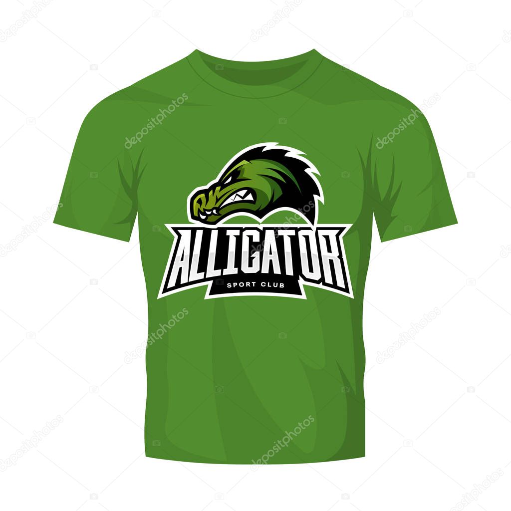 Furious alligator sport vector logo concept isolated on green t-shirt mockup. Modern predator professional team badge design.Premium quality wild animal t-shirt tee print illustration.