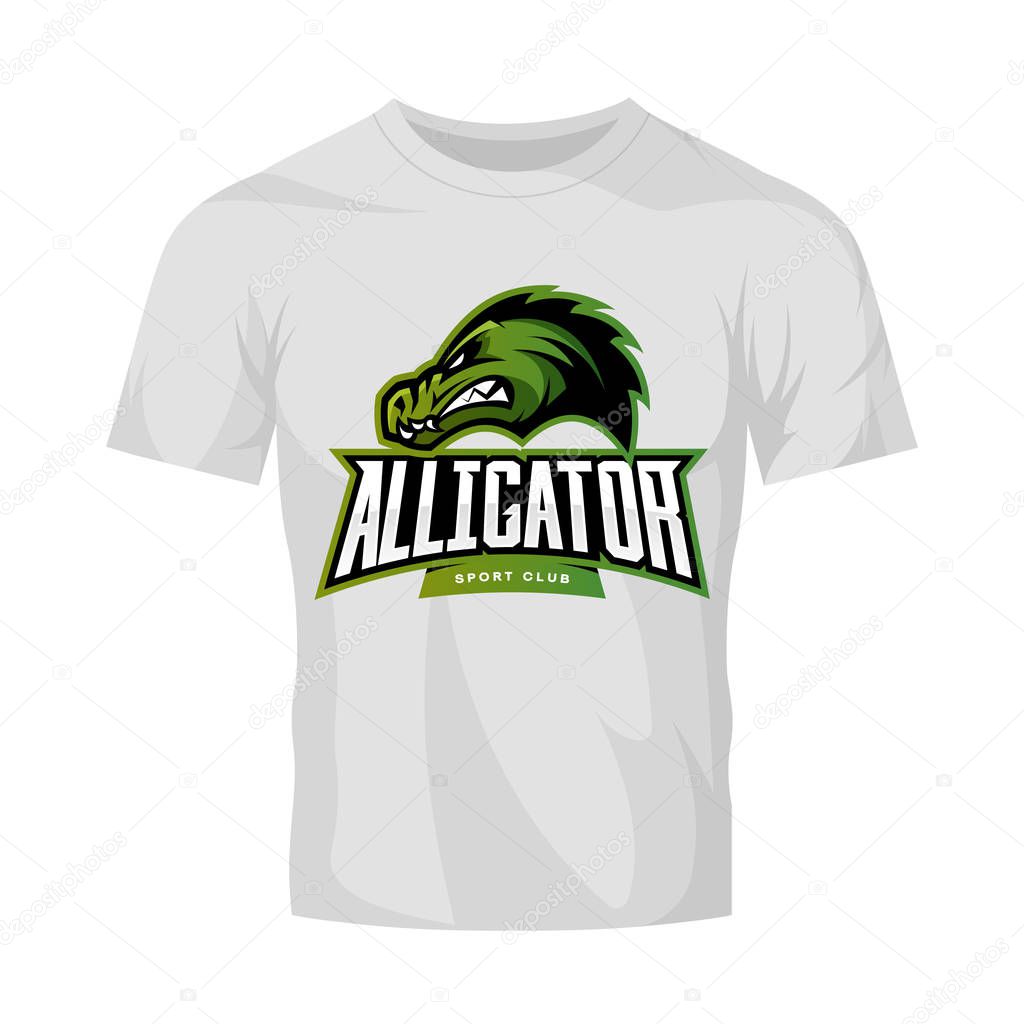Furious alligator sport vector logo concept isolated on white t-shirt mockup. Modern predator professional team badge design.Premium quality wild animal t-shirt tee print illustration.