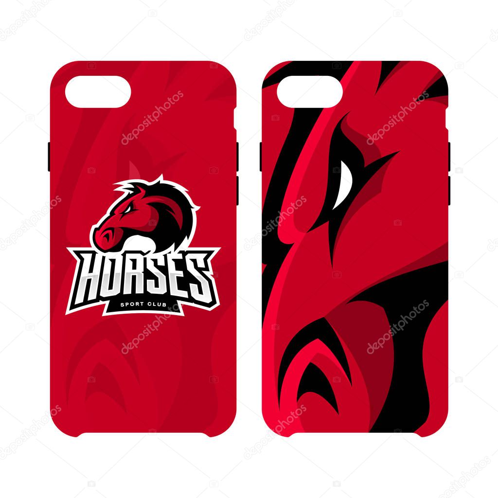 Furious horse sport club vector logo concept smart phone case isolated on white background. Modern professional team badge design.Premium quality wild stallion animal artwork cell phone cover illustration.