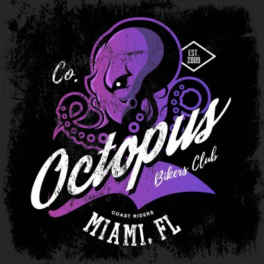 Koyu arka plan üzerinde izole vintage Amerikan öfkeli ahtapot bisikletçileri kulübü tee baskı vektör tasarımı. 