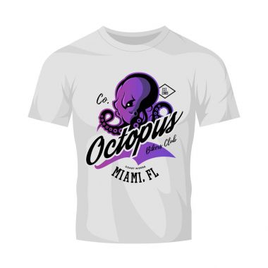 Beyaz t-shirt mockup izole vintage Amerikan öfkeli ahtapot bisikletçileri kulübü tee baskı vektör tasarımı.