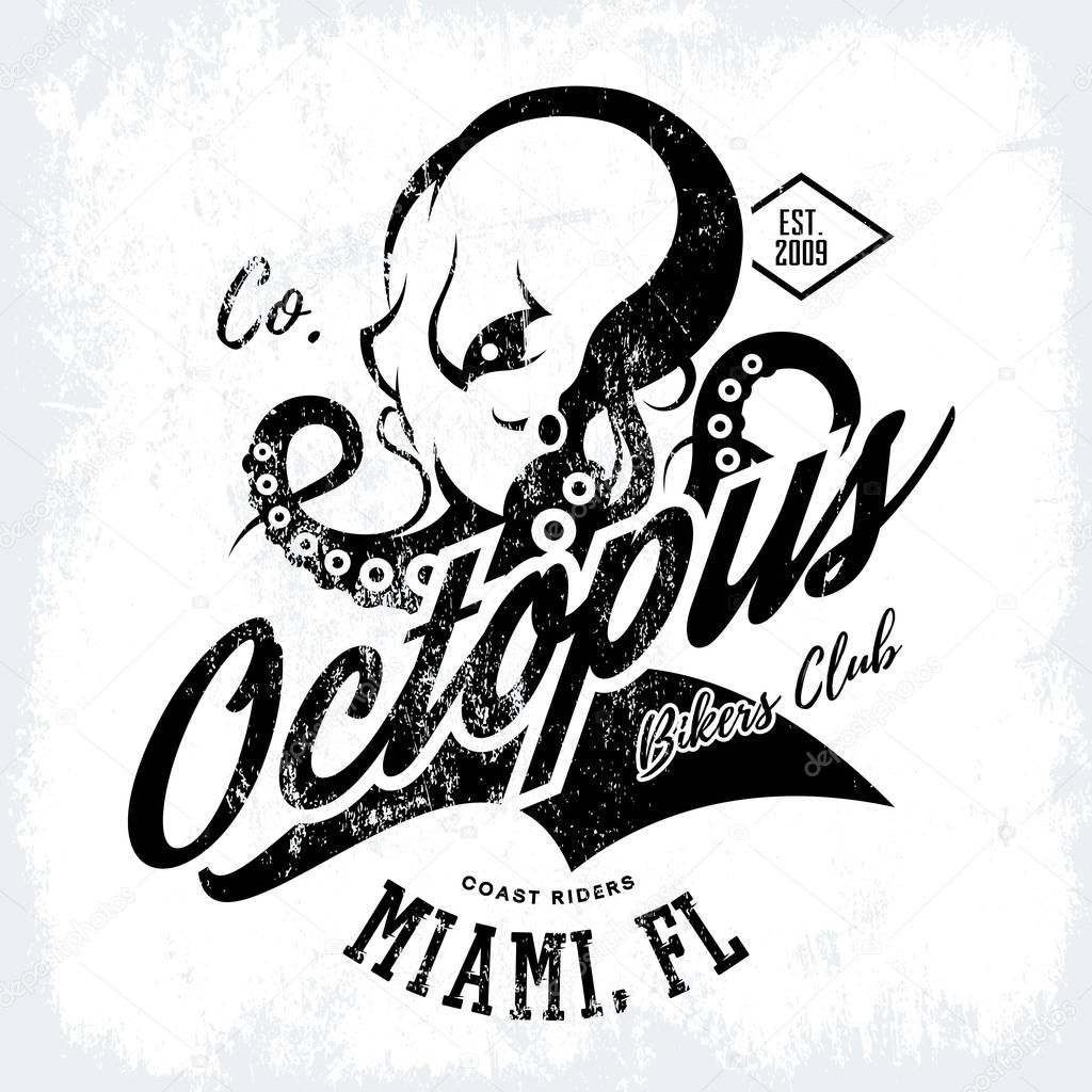 Vintage American furious octopus bikers club mono tee print vector design isolated on white background. Street wear t-shirt emblem. Premium quality wild cephalopod mollusk superior logo concept illustration.