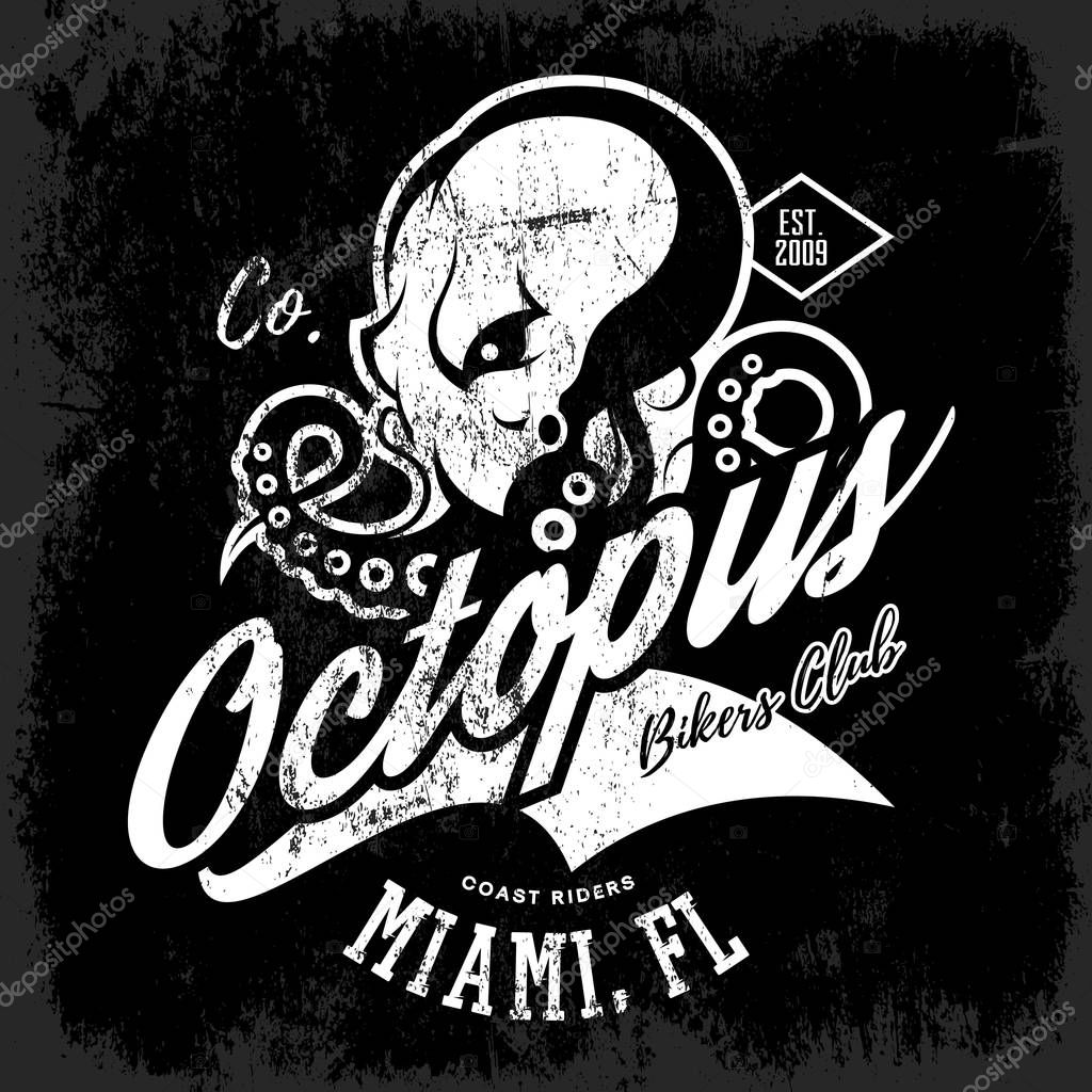 Vintage American furious octopus bikers club mono tee print vector design isolated on dark background. Street wear t-shirt emblem. Premium quality wild cephalopod mollusk superior logo concept illustration.