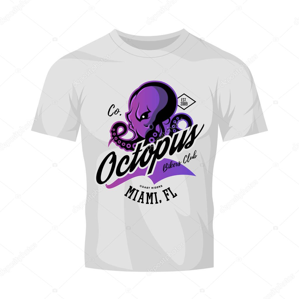 Vintage American furious octopus bikers club tee print vector design isolated on white t-shirt mockup.Street wear t-shirt emblem. Premium quality wild cephalopod mollusk superior logo concept illustration.