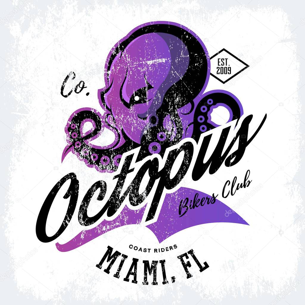 Vintage American furious octopus bikers club tee print vector design isolated on white background. Street wear t-shirt emblem. Premium quality wild cephalopod mollusk superior logo concept illustration.
