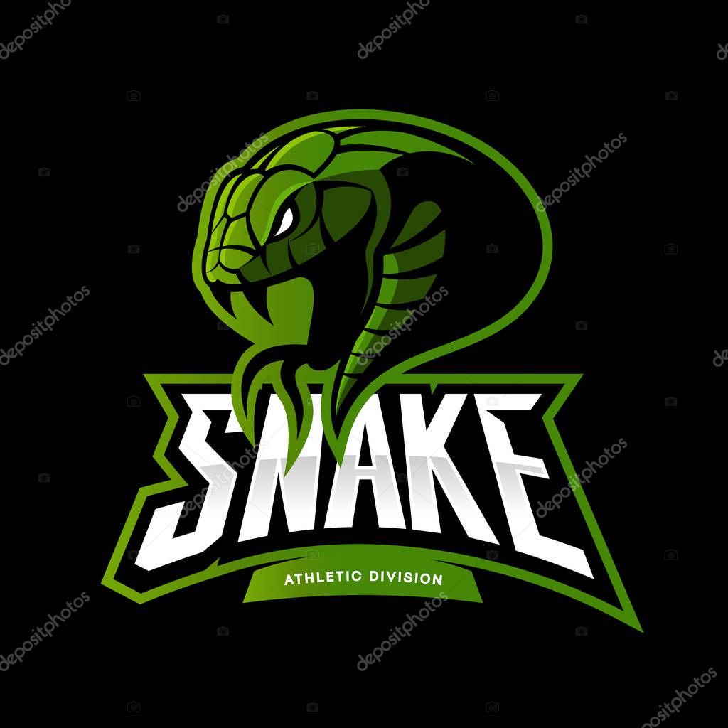Furious green snake sport vector logo concept isolated on black background. Modern professional team badge design.Premium quality wild animal t-shirt tee print illustration.