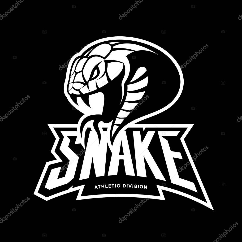 Furious snake sport mono vector logo concept isolated on black background. Modern professional team badge design.Premium quality wild animal t-shirt tee print illustration.