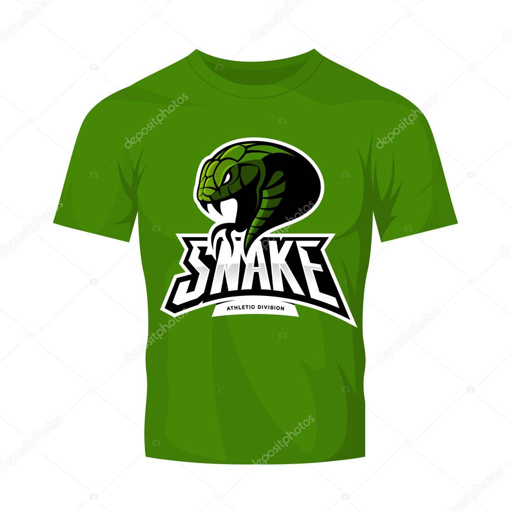 Furious green snake sport vector logo concept isolated on green t-shirt mockup. Modern professional team badge design.Premium quality wild animal t-shirt tee print illustration.