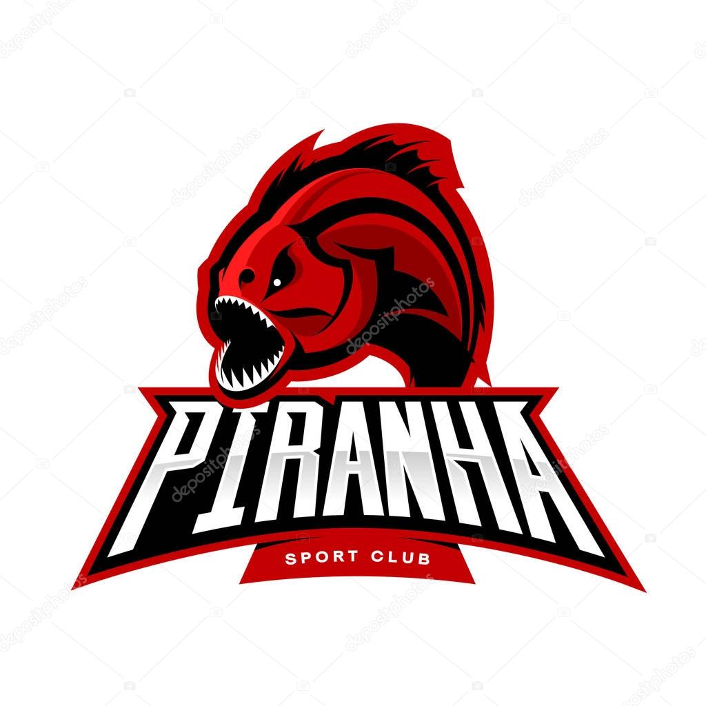 Furious piranha sport vector logo concept isolated on white background. Modern professional team predator badge design.Premium quality wild fearsome fish t-shirt tee print illustration.