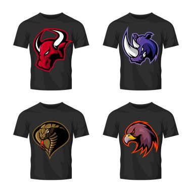 Öfkeli boğa, Gergedan, kobra ve kartal spor vektör logo kavram kümesi üzerinde tişört mockup izole baş.