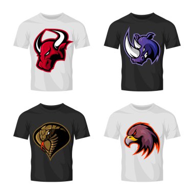 Öfkeli boğa, Gergedan, kobra ve kartal spor vektör logo kavram kümesi üzerinde tişört mockup izole baş. 