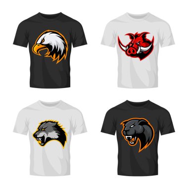 Renk tişört mockup üzerinde izole öfkeli yaban domuzu, kurt, panter ve kartal baş spor vektör logo kavramı set.