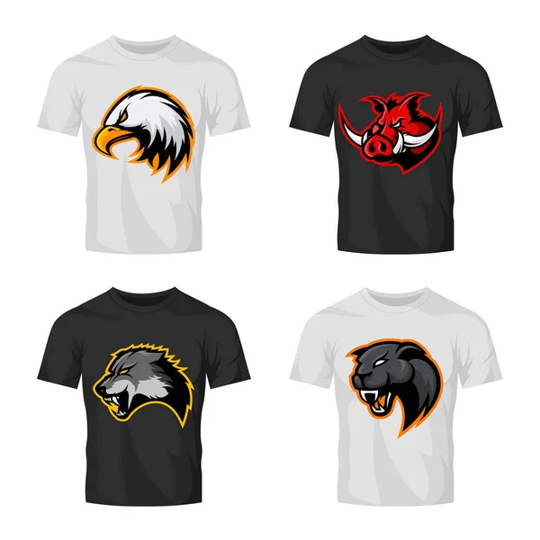 Furioso javali, lobo, pantera e águia cabeça esporte vetor logotipo conceito definido isolado na cor t-shirt mockup . — Vetor de Stock