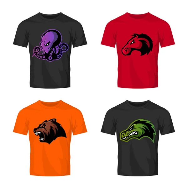 Öfkeli ahtapot, ayı, timsah ve at spor vektör logo kavram kümesi üzerinde tişört mockup izole baş. — Stok Vektör