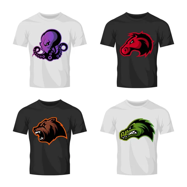 Furioso pulpo, oso, cocodrilo y caballo cabeza deporte vector logo conjunto aislado en la camiseta maqueta . — Archivo Imágenes Vectoriales
