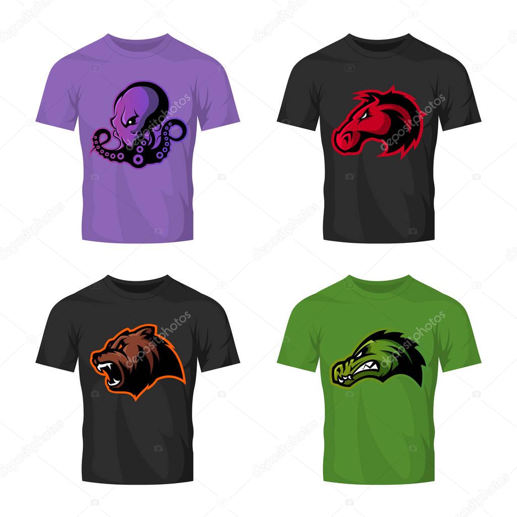 Furious octopus, bear, alligator and horse head sport vector logo concept set isolated on t-shirt mockup. Modern team badge design. Premium quality wild animal t-shirt tee print illustration.