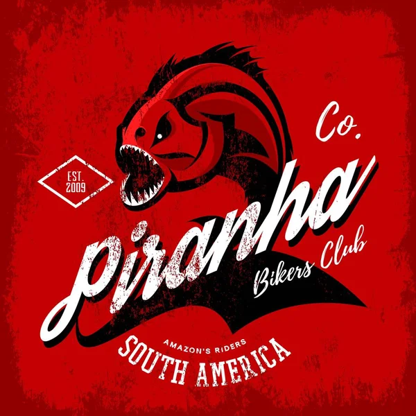 Vintage Amerikaanse woedend piranha fietsers club tee print vector design geïsoleerd op rode achtergrond. — Stockvector