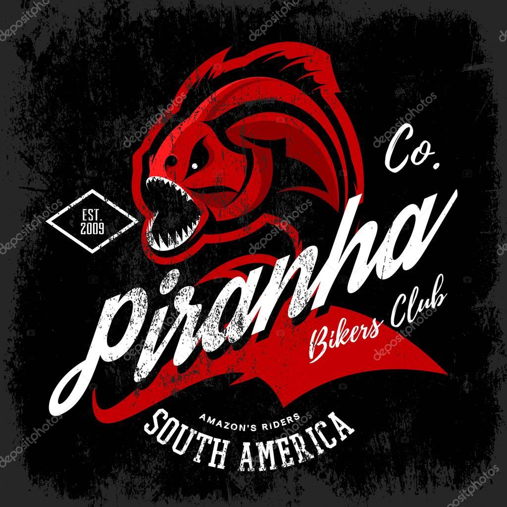 Vintage American furious piranha bikers club tee print vector design isolated on black background. Street wear t-shirt emblem. Premium quality wild fearsome fish superior logo concept illustration.