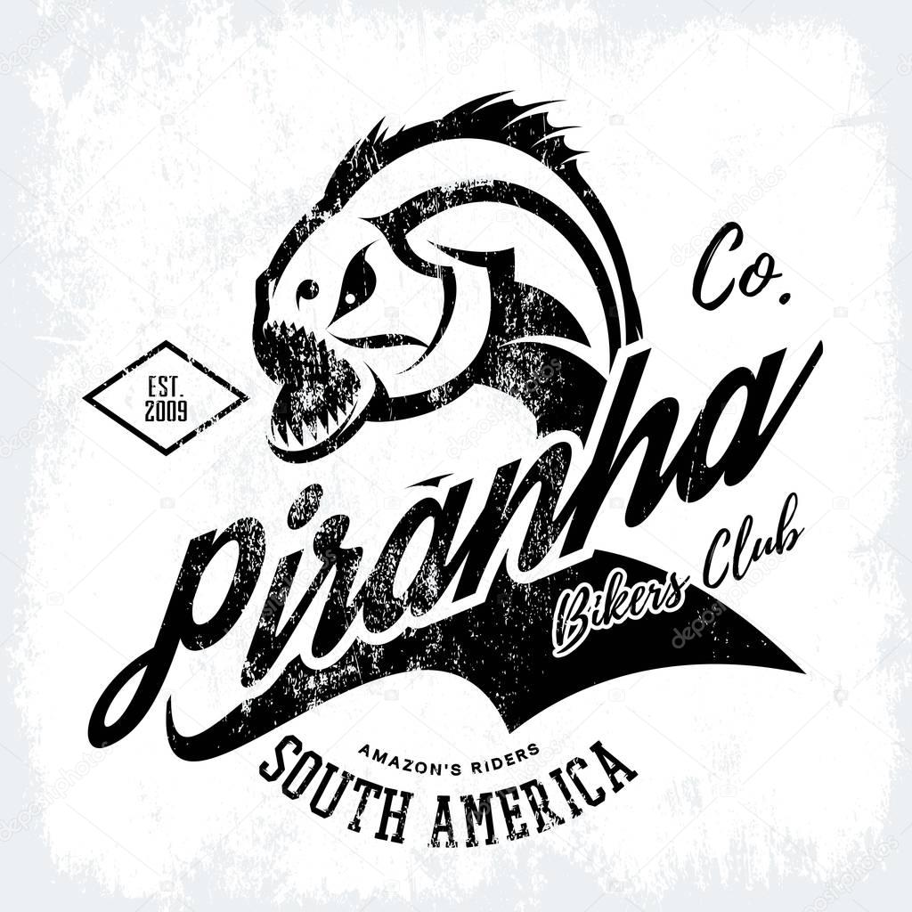 Vintage American furious piranha bikers club tee print vector design isolated on white background. Street wear t-shirt emblem. Premium quality wild fearsome fish superior logo concept illustration.