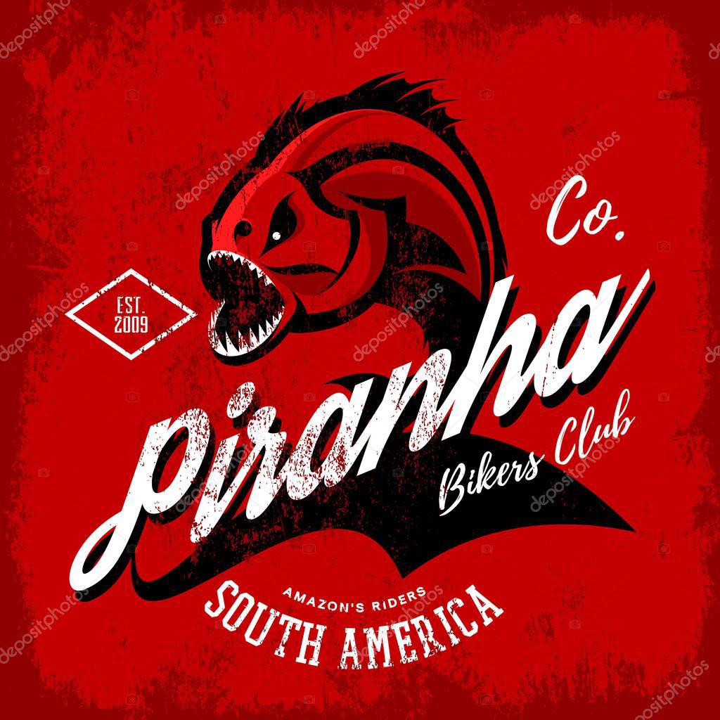 Vintage American furious piranha bikers club tee print vector design isolated on red background. Street wear t-shirt emblem. Premium quality wild fearsome fish superior logo concept illustration.