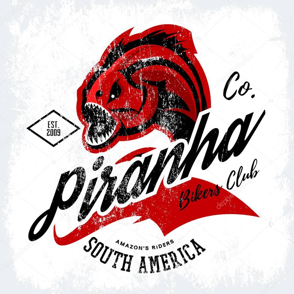 Vintage American furious piranha bikers club tee print vector design isolated on white background. Street wear t-shirt emblem. Premium quality wild fearsome fish superior logo concept illustration.
