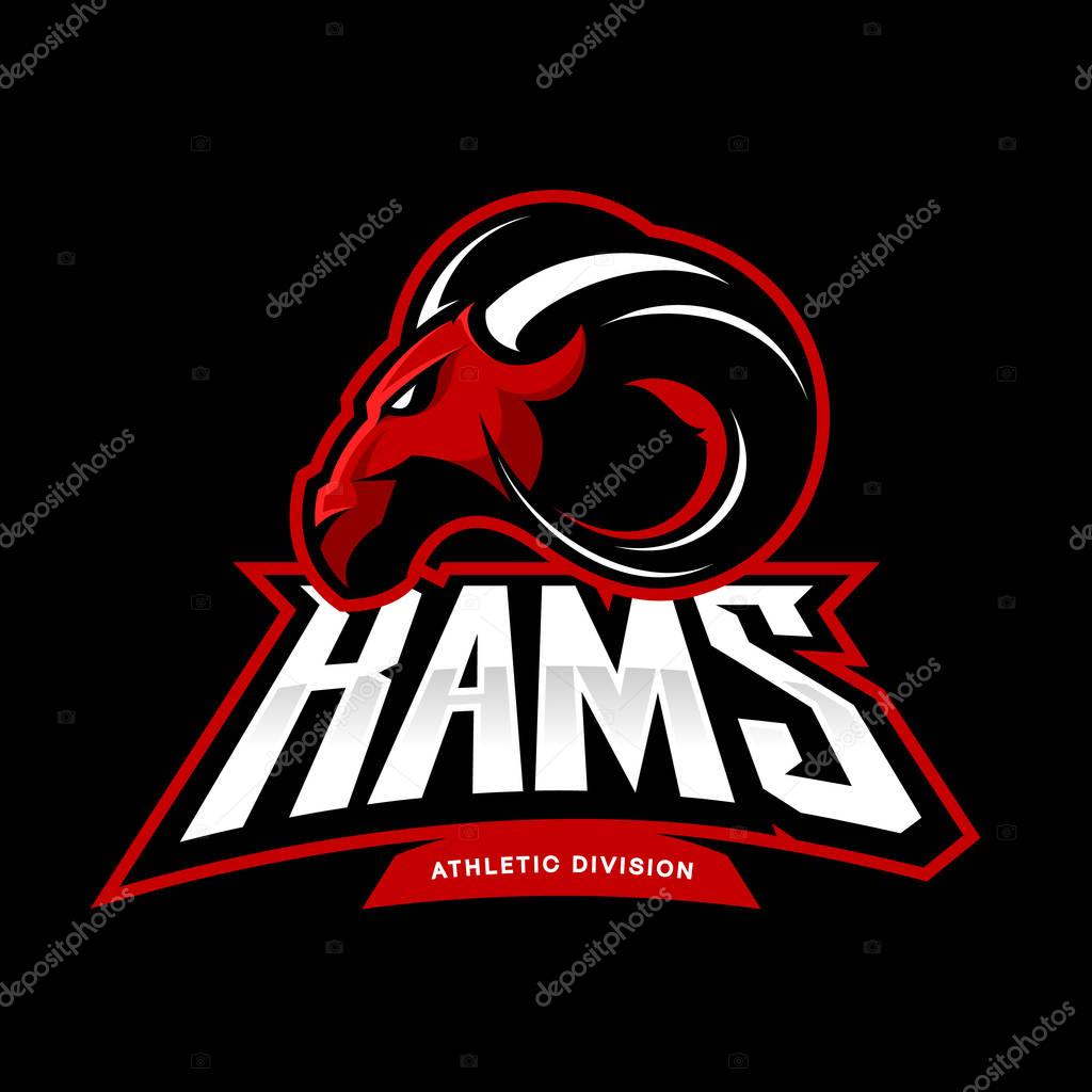 Furious ram sport club vector logo concept isolated on black background. Modern professional team badge mascot design.Premium quality wild ram animal athletic division t-shirt tee print illustration.