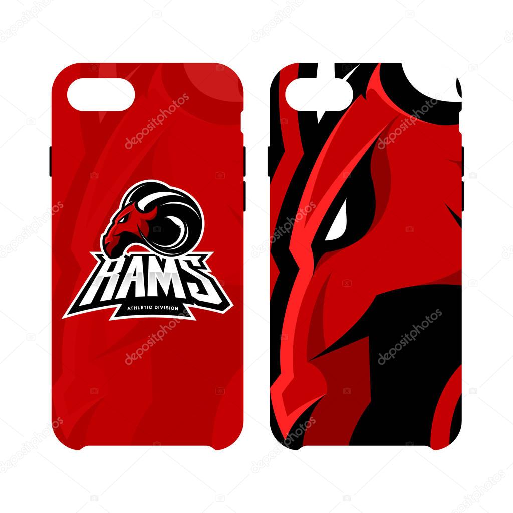 Furious ram sport club vector logo concept smart phone case isolated on white background. Modern professional team badge mascot design. Premium quality wild ram animal cell phone cover illustration.