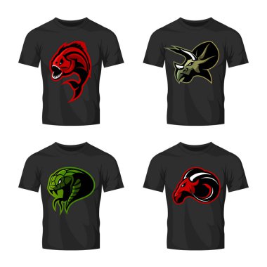 Renk tişört mockup ayarla öfkeli piranha, ram, yılan ve dinozor baş spor vektör logo kavramı. 