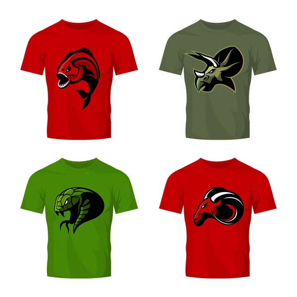 Furious piranha, ram, snake and dinosaur head sport vector logo concept set on t-shirt mockup — Stock Vector