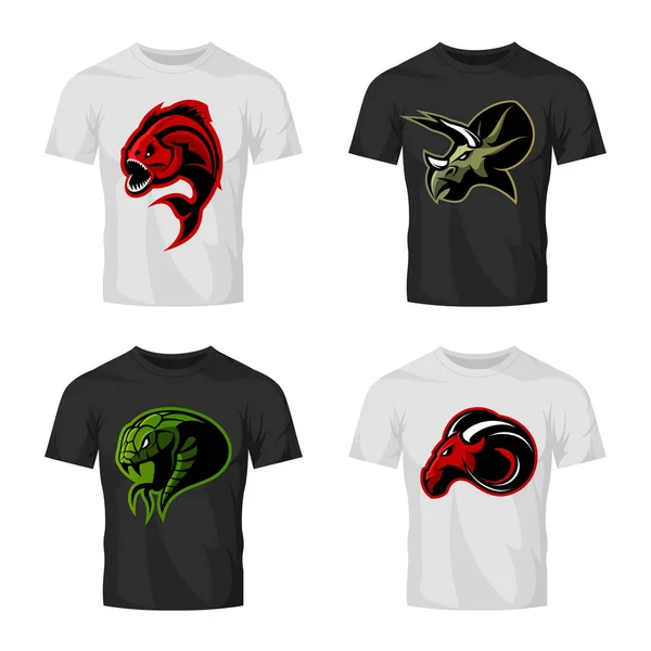 Furioso piraña, carnero, serpiente y dinosaurio cabeza deporte vector logo concepto conjunto en la camiseta maqueta . — Archivo Imágenes Vectoriales