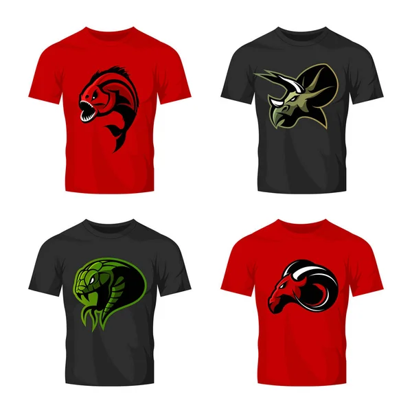 Furious piranha, ram, snake and dinosaur head sport vector logo concept set on t-shirt mockup. — Stock Vector