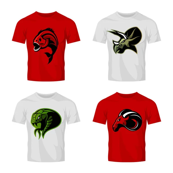 Furious piranha, ram, snake and dinosaur head sport vector logo concept set on t-shirt mockup. — Stock Vector