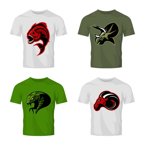 Furious piranha, ram, snake and dinosaur head sport vector logo concept set on t-shirt mockup. — Stock Vector