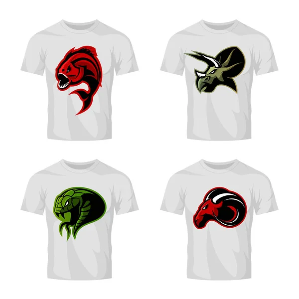 Furious piranha, ram, snake and dinosaur head sport vector logo concept set on white t-shirt mockup. — Stock Vector