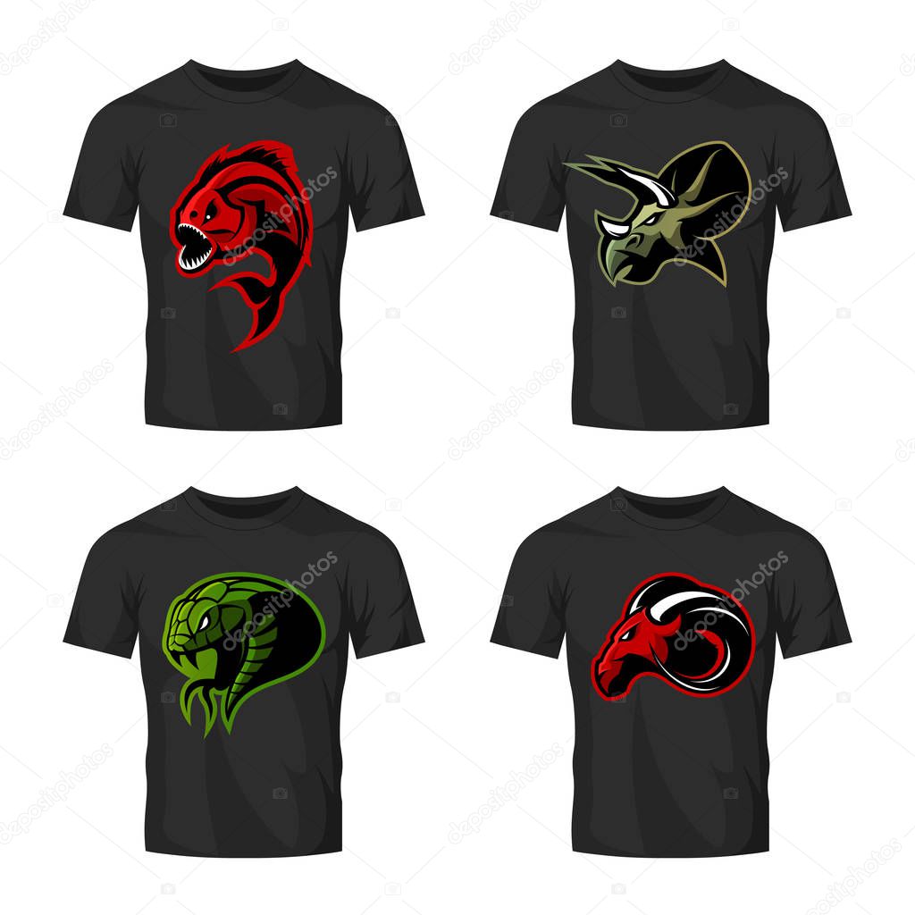 Furious piranha, ram, snake and dinosaur head sport vector logo concept set on color t-shirt mockup. Modern team mascot badge design. Premium quality wild animal t-shirt tee print illustration.