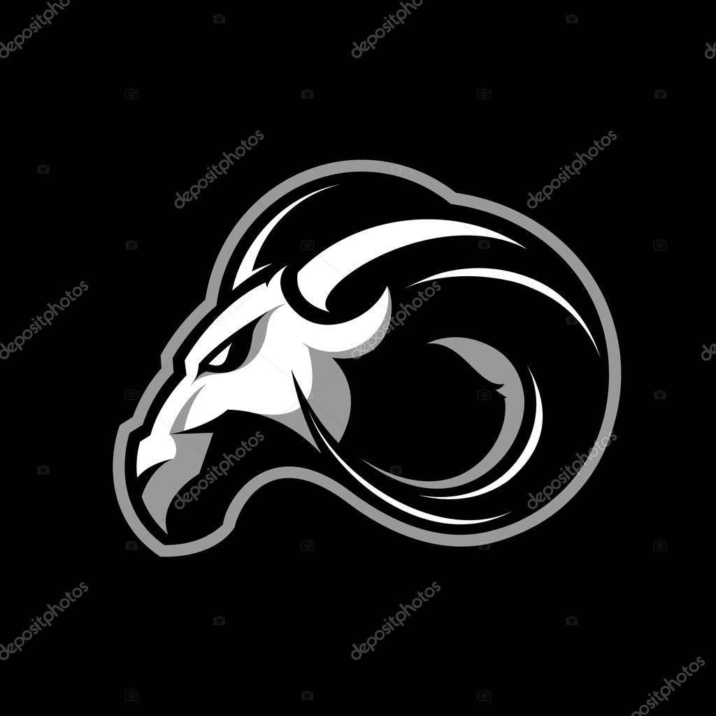 Furious ram sport club vector logo concept isolated on black background. Modern professional team badge mascot design.Premium quality wild ram animal athletic division t-shirt tee print illustration.