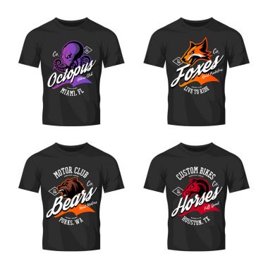 Vintage öfkeli ahtapot, ayı, fox ve at bisikletçileri kulübü tee baskı vektör tasarım t-shirt mockup üzerinde. 