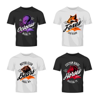 Vintage öfkeli ahtapot, ayı, fox ve at bisikletçileri kulübü tee baskı vektör tasarım t-shirt mockup üzerinde.
