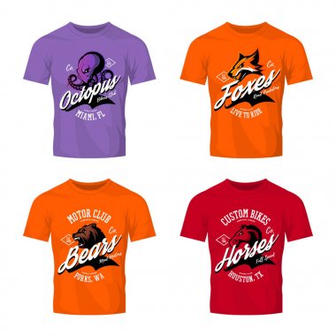 Vintage öfkeli ahtapot, ayı, fox ve at bisikletçileri kulübü tee baskı vektör tasarım t-shirt mockup üzerinde.