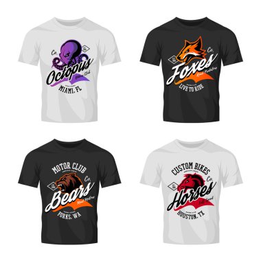 Vintage öfkeli ahtapot, ayı, fox ve at bisikletçileri kulübü tee baskı vektör tasarım t-shirt mockup üzerinde.