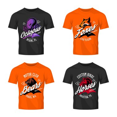 Vintage öfkeli ahtapot, ayı, fox ve at bisikletçileri kulübü tee baskı vektör tasarım t-shirt mockup üzerinde.