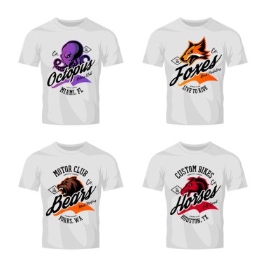 Vintage öfkeli ahtapot, ayı, fox ve at bisikletçileri kulübü tee baskı vektör tasarım t-shirt mockup üzerinde. 