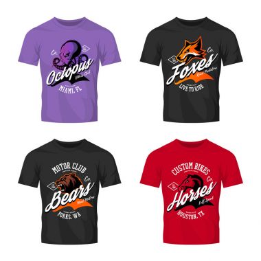 Vintage öfkeli ahtapot, ayı, fox ve at bisikletçileri kulübü tee baskı vektör tasarım t-shirt mockup üzerinde.