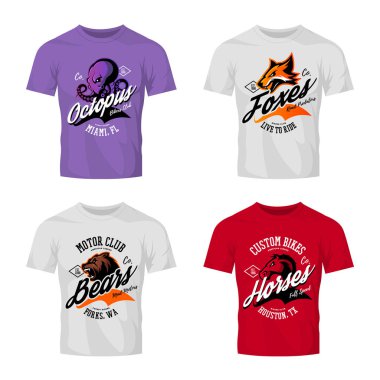 Vintage öfkeli ahtapot, ayı, fox ve at bisikletçileri kulübü tee baskı vektör tasarım t-shirt mockup üzerinde. 