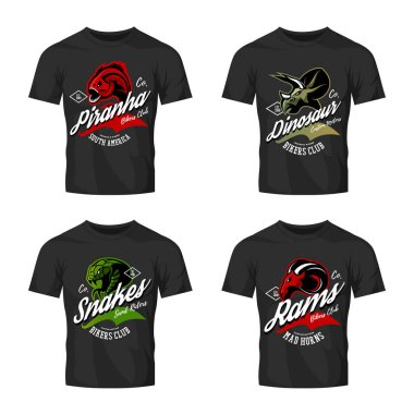 Vintage öfkeli piranha, ram, yılan ve dinozor bisikletçileri kulübü tee baskı vektör tasarım t-shirt mockup.
